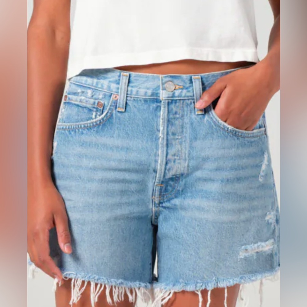 Agolde Light Blue Distressed High-Rise Jean Shorts